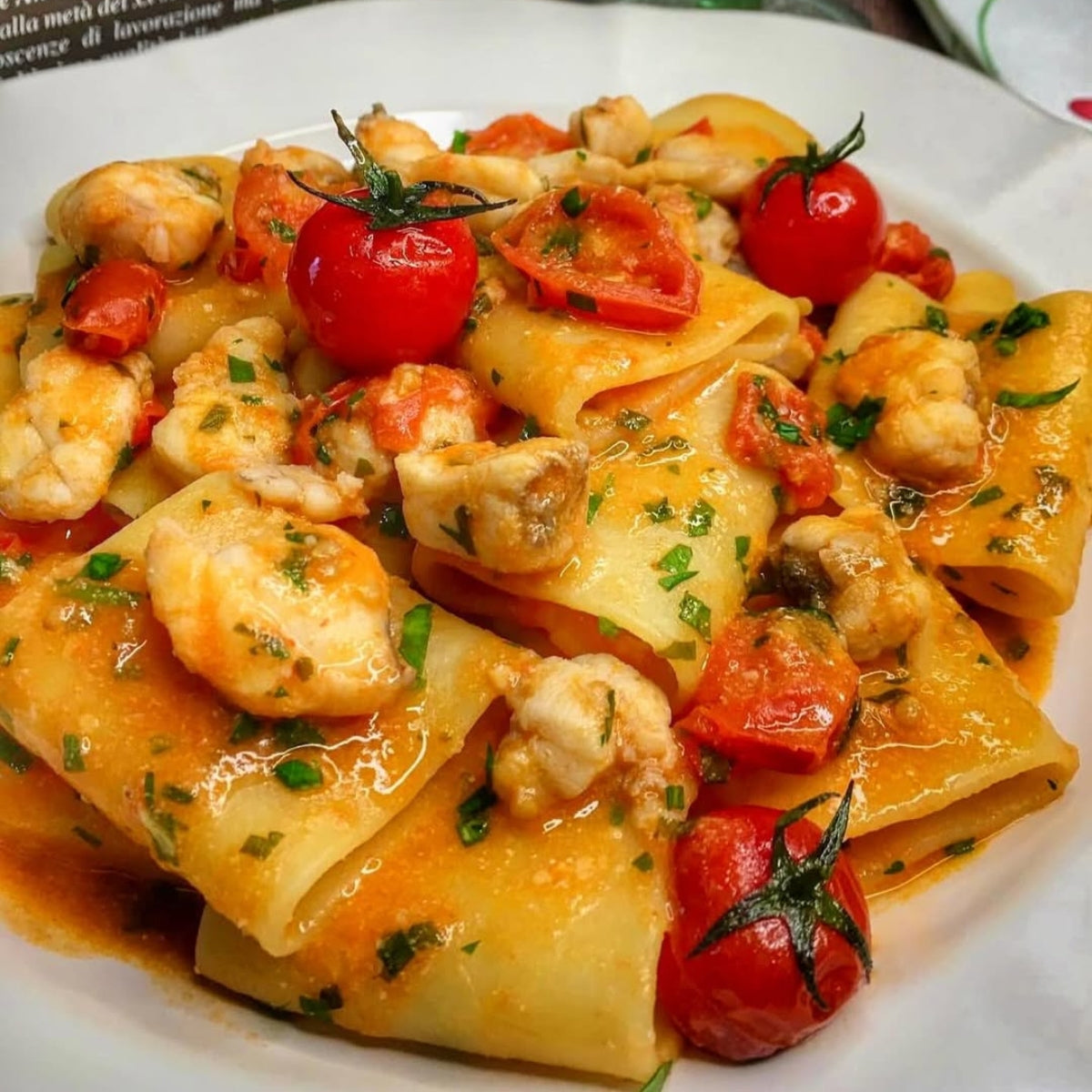 Marulo paccheri pasta with seafood and cherry tomatoes