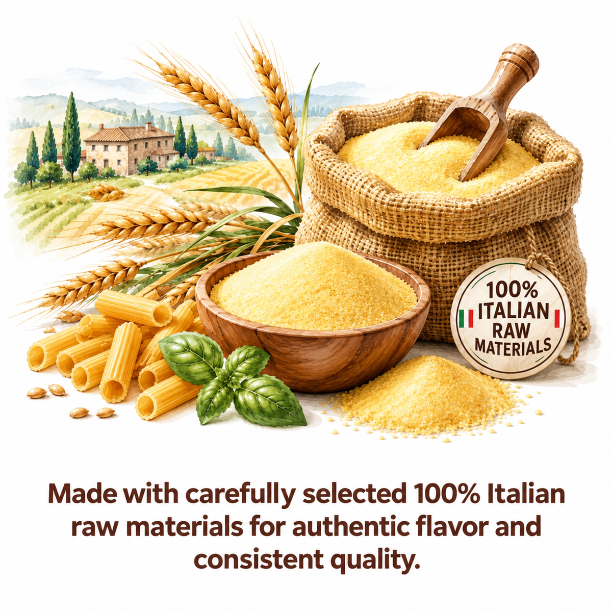Watercolor of Italian wheat, semolina, and pasta representing Marulo raw materials