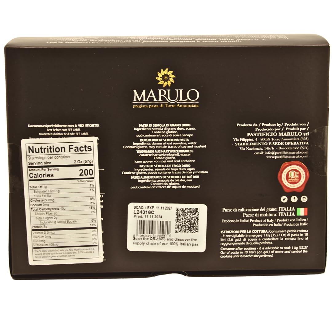 Marulo Paccheri homemade artisan pasta, 500g. Authentic Italian bronze-cut pasta made from 100% durum wheat semolina, hand-packed in a luxury brown box with a clear window showcasing the large tubular pasta shape.