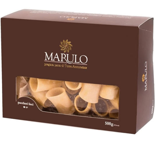 Box of Marulo Paccheri homemade artisan pasta, 500g. Authentic Italian bronze-cut pasta made from 100% durum wheat semolina, hand-packed in a luxury brown box with a clear window showcasing the large tubular pasta shape.