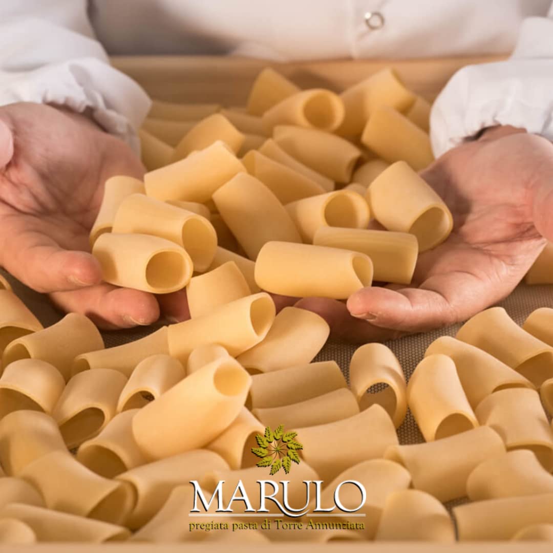 Marulo Paccheri homemade artisan pasta, 500g. Authentic Italian bronze-cut pasta made from 100% durum wheat semolina, hand-packed in a luxury brown box with a clear window showcasing the large tubular pasta shape.