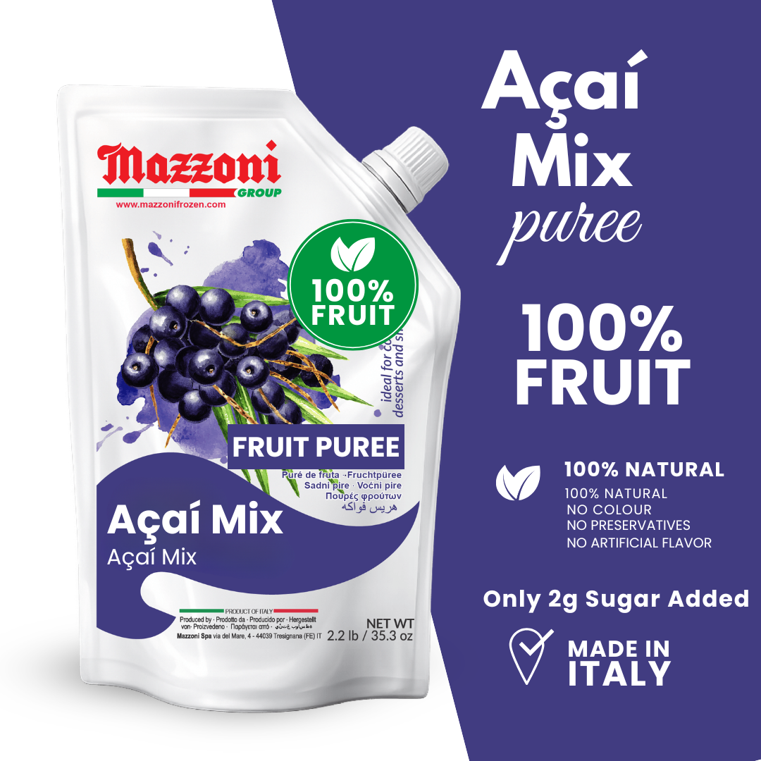 MAZZONI ACAI MIX FRUIT PUREE POUCH SHOWING NUTRITION FACTS, INGREDIENTS, AND PRODUCT INFORMATION