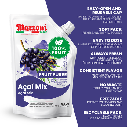 MAZZONI ACAI MIX FRUIT PUREE POUCH SHOWING NUTRITION FACTS, INGREDIENTS, AND PRODUCT INFORMATION
