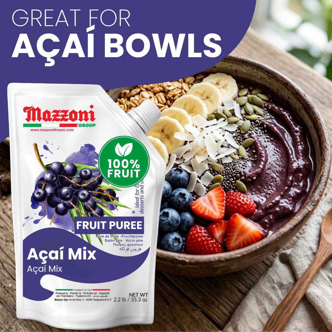 MAZZONI ACAI MIX FRUIT PUREE POUCH SHOWING NUTRITION FACTS, INGREDIENTS, AND PRODUCT INFORMATION