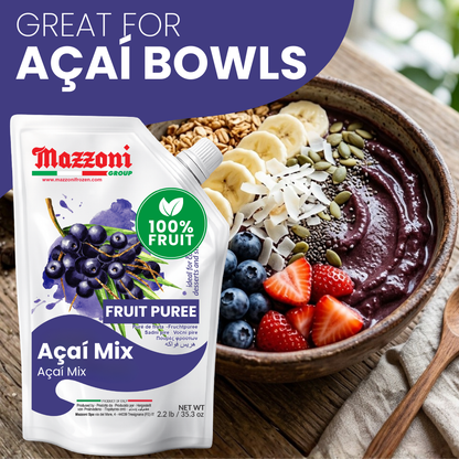 MAZZONI ACAI MIX FRUIT PUREE POUCH SHOWING NUTRITION FACTS, INGREDIENTS, AND PRODUCT INFORMATION