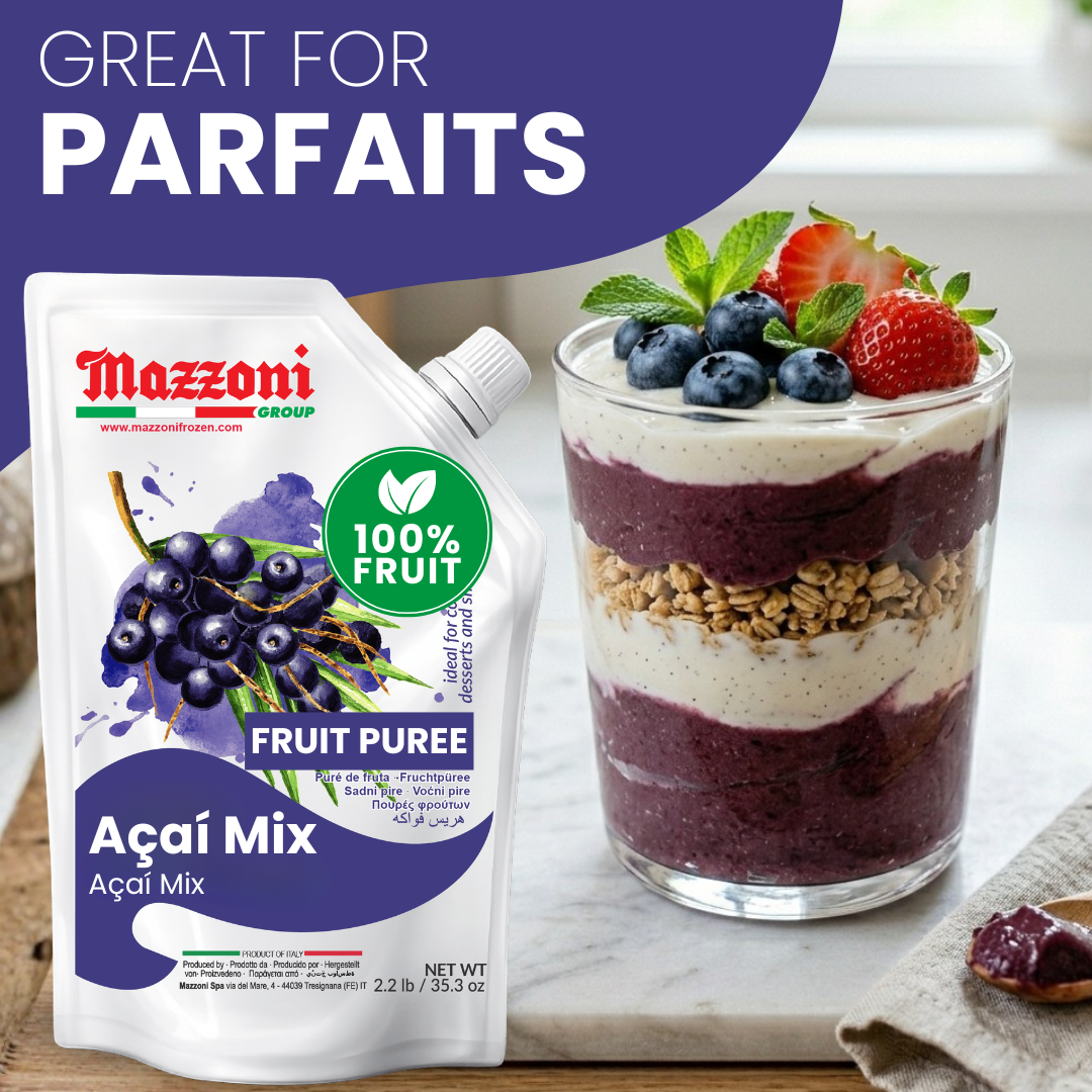MAZZONI ACAI MIX FRUIT PUREE POUCH SHOWING NUTRITION FACTS, INGREDIENTS, AND PRODUCT INFORMATION