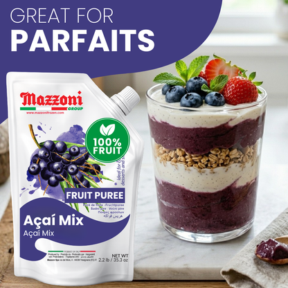 MAZZONI ACAI MIX FRUIT PUREE POUCH SHOWING NUTRITION FACTS, INGREDIENTS, AND PRODUCT INFORMATION