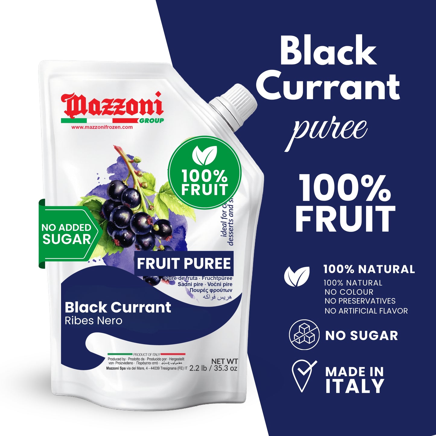Mazzoni Black Currant Fruit Puree, 100% Fruit, No Sugar 1 kg (2.2 lb)