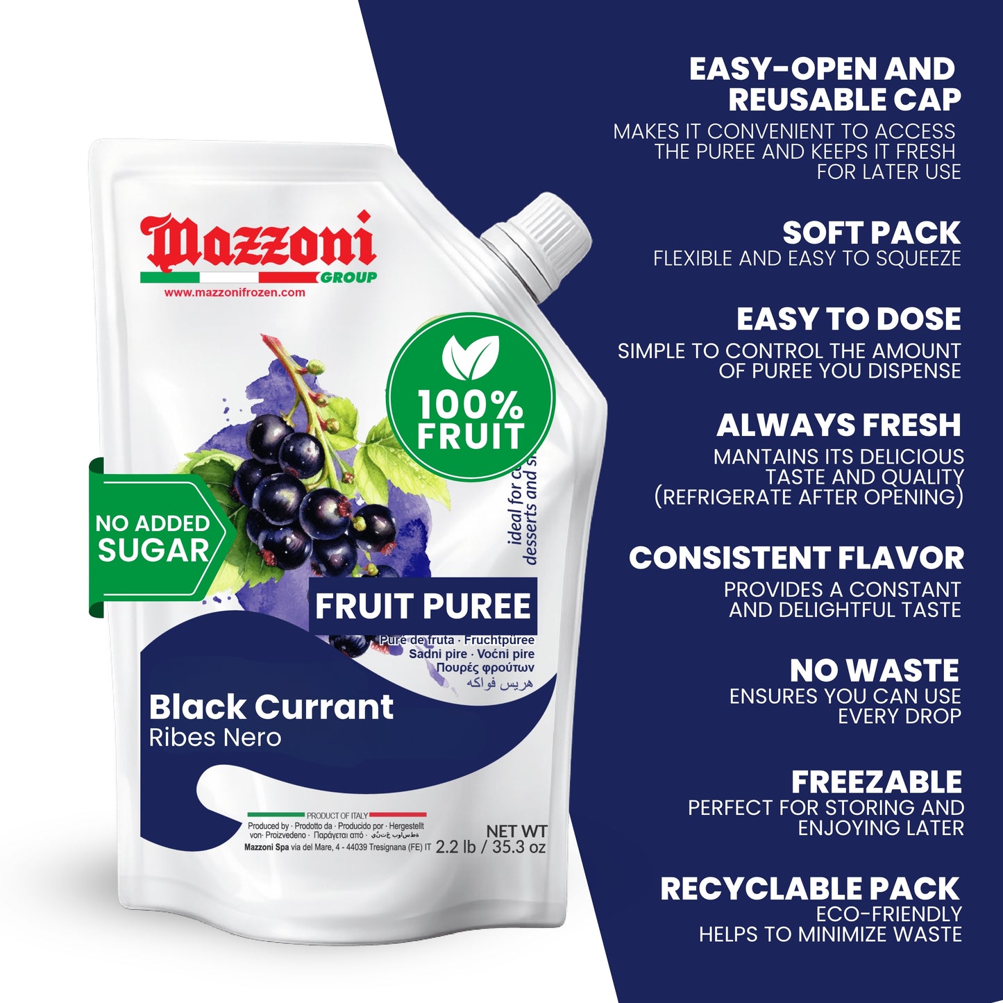 Mazzoni Black Currant Fruit Puree, 100% Fruit, No Sugar 1 kg (2.2 lb)