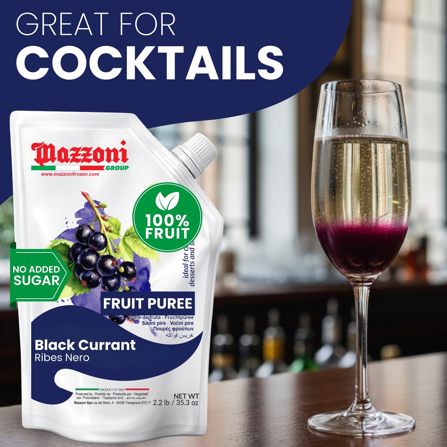 Mazzoni Black Currant Fruit Puree, 100% Fruit, No Sugar 1 kg (2.2 lb)