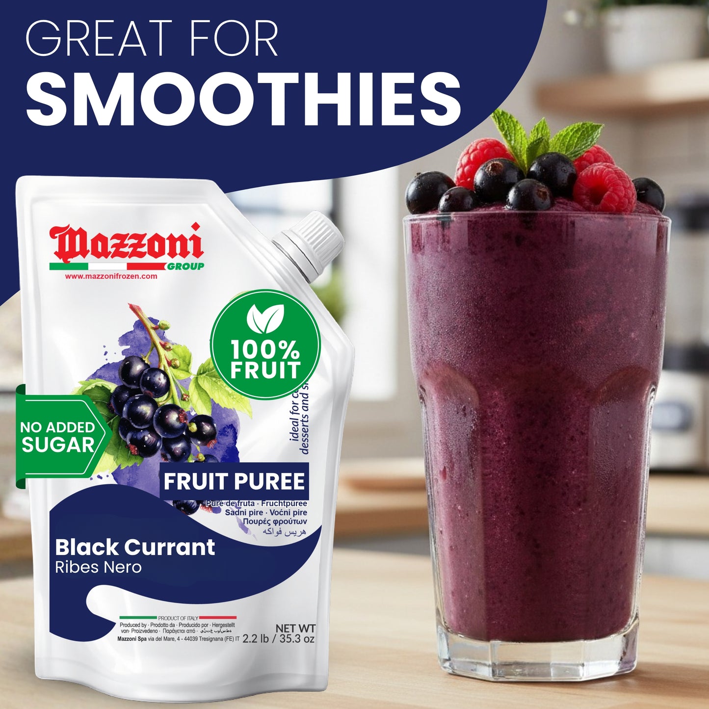 Mazzoni Black Currant Fruit Puree, 100% Fruit, No Sugar 1 kg (2.2 lb)