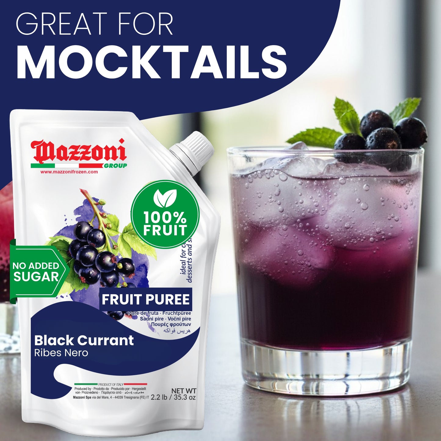 Mazzoni Black Currant Fruit Puree, 100% Fruit, No Sugar 1 kg (2.2 lb)