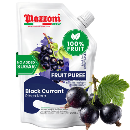 FRONT VIEW OF MAZZONI BLACK CURRANT FRUIT PUREE POUCH WITH 100% FRUIT AND NO ADDED SUGAR, FEATURING FRESH BLACK CURRANTS