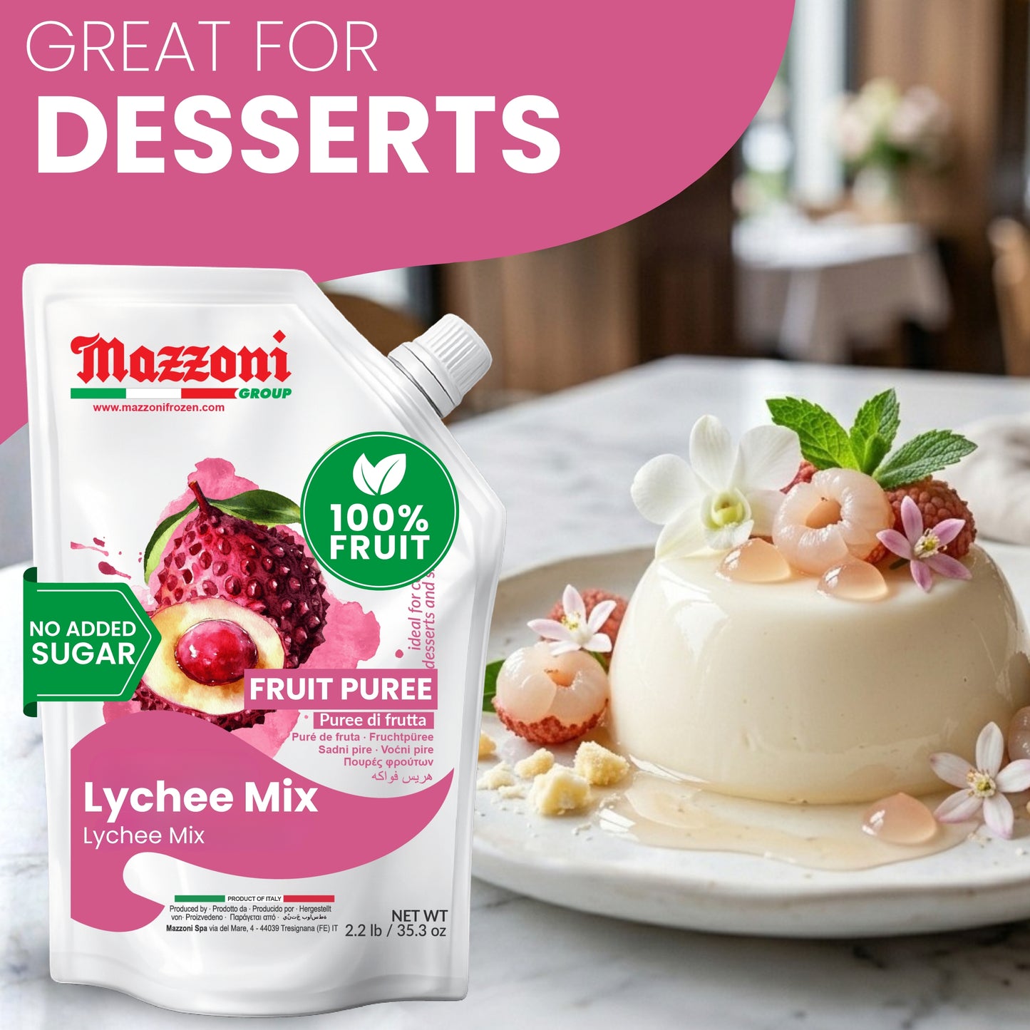 Mazzoni Lychee Fruit Puree, 100% Fruit, No Sugar Added  1 kg (2.2 lb)