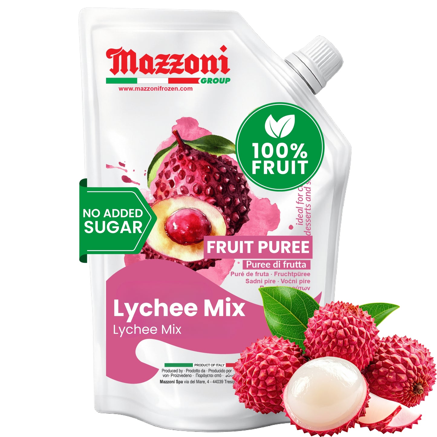 FRONT VIEW OF MAZZONI LYCHEE MIX FRUIT PUREE POUCH WITH 100% FRUIT AND NO ADDED SUGAR, FEATURING FRESH LYCHEE FRUITS