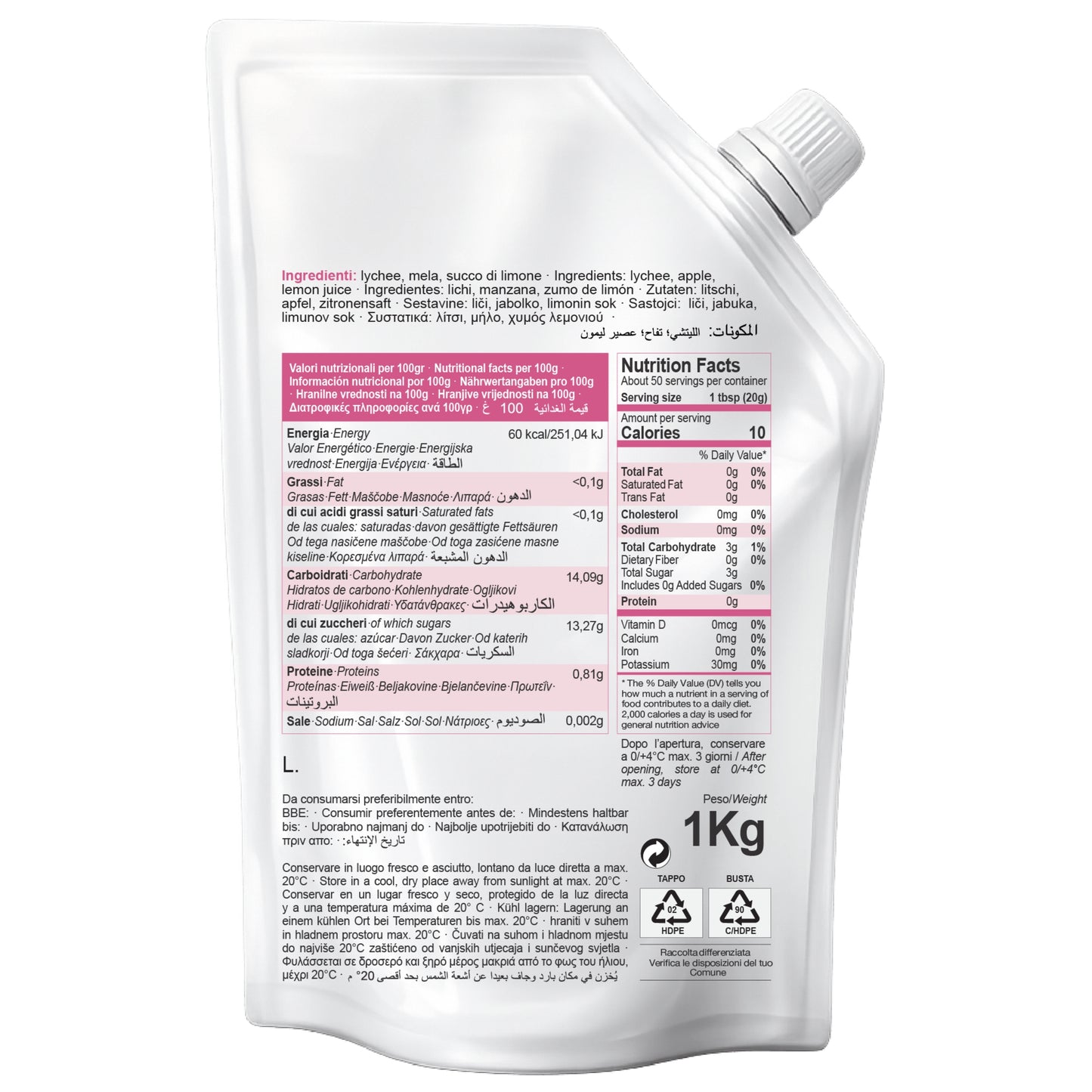 BACK VIEW OF MAZZONI LYCHEE MIX FRUIT PUREE POUCH SHOWING NUTRITION FACTS, INGREDIENTS, AND PRODUCT INFORMATION