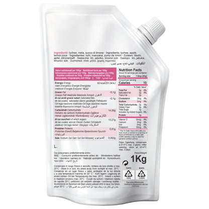 BACK VIEW OF MAZZONI LYCHEE MIX FRUIT PUREE POUCH SHOWING NUTRITION FACTS, INGREDIENTS, AND PRODUCT INFORMATION