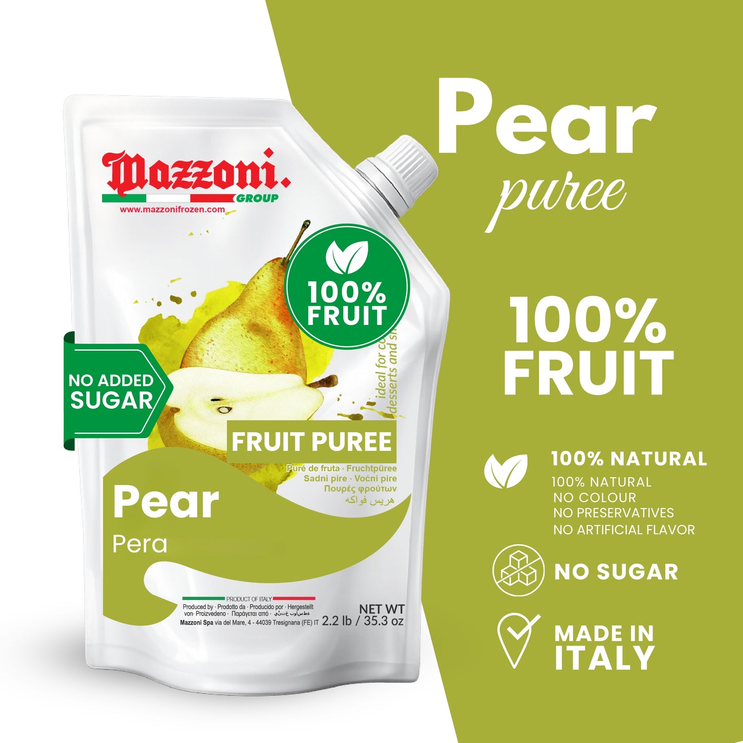 Mazzoni Pear Fruit Puree, 100% Fruit , No Sugar Added 1 kg (2.2 lb)