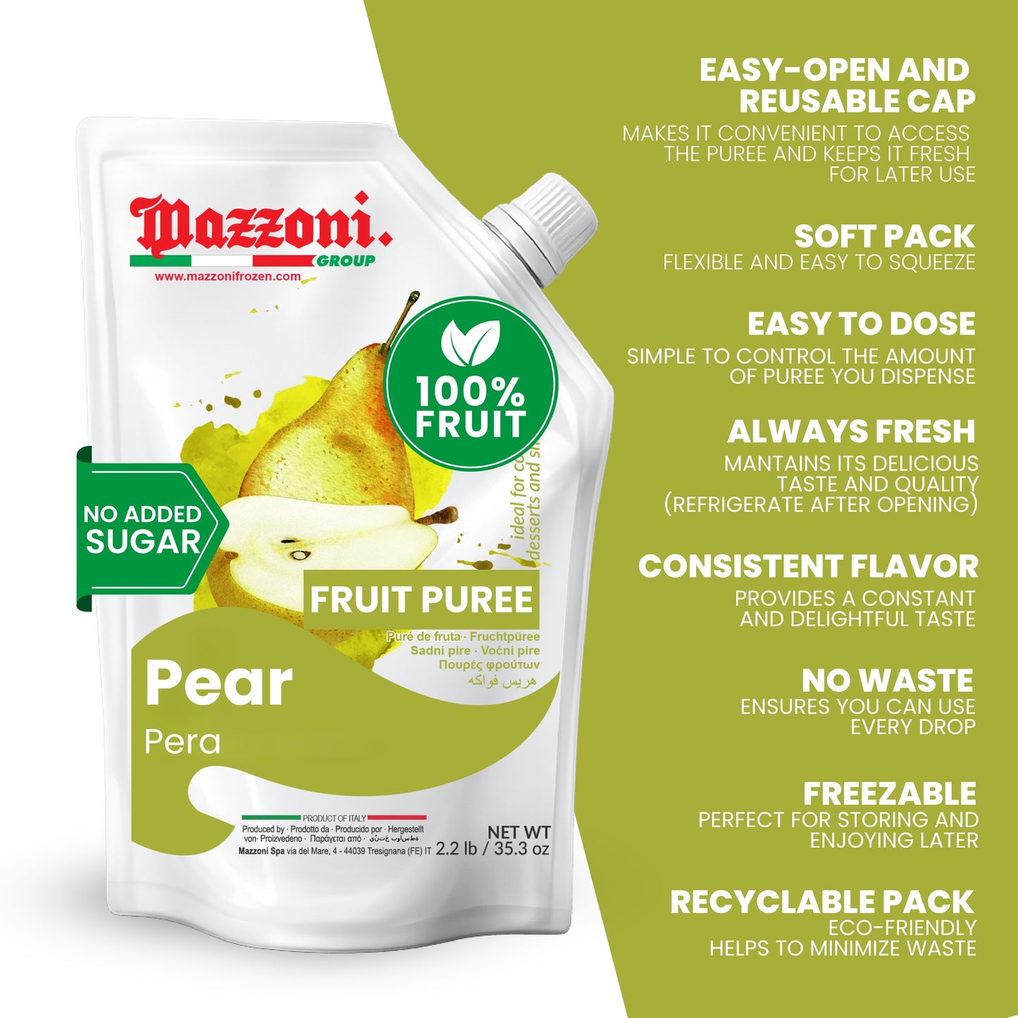 Mazzoni Pear Fruit Puree, 100% Fruit , No Sugar Added 1 kg (2.2 lb)