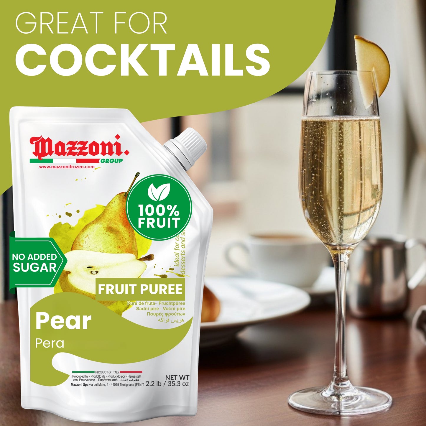 Mazzoni Pear Fruit Puree, 100% Fruit , No Sugar Added 1 kg (2.2 lb)