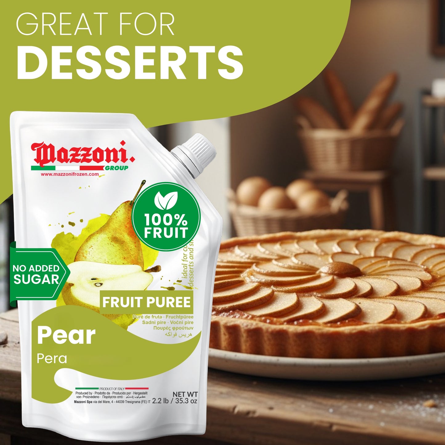 Mazzoni Pear Fruit Puree, 100% Fruit , No Sugar Added 1 kg (2.2 lb)