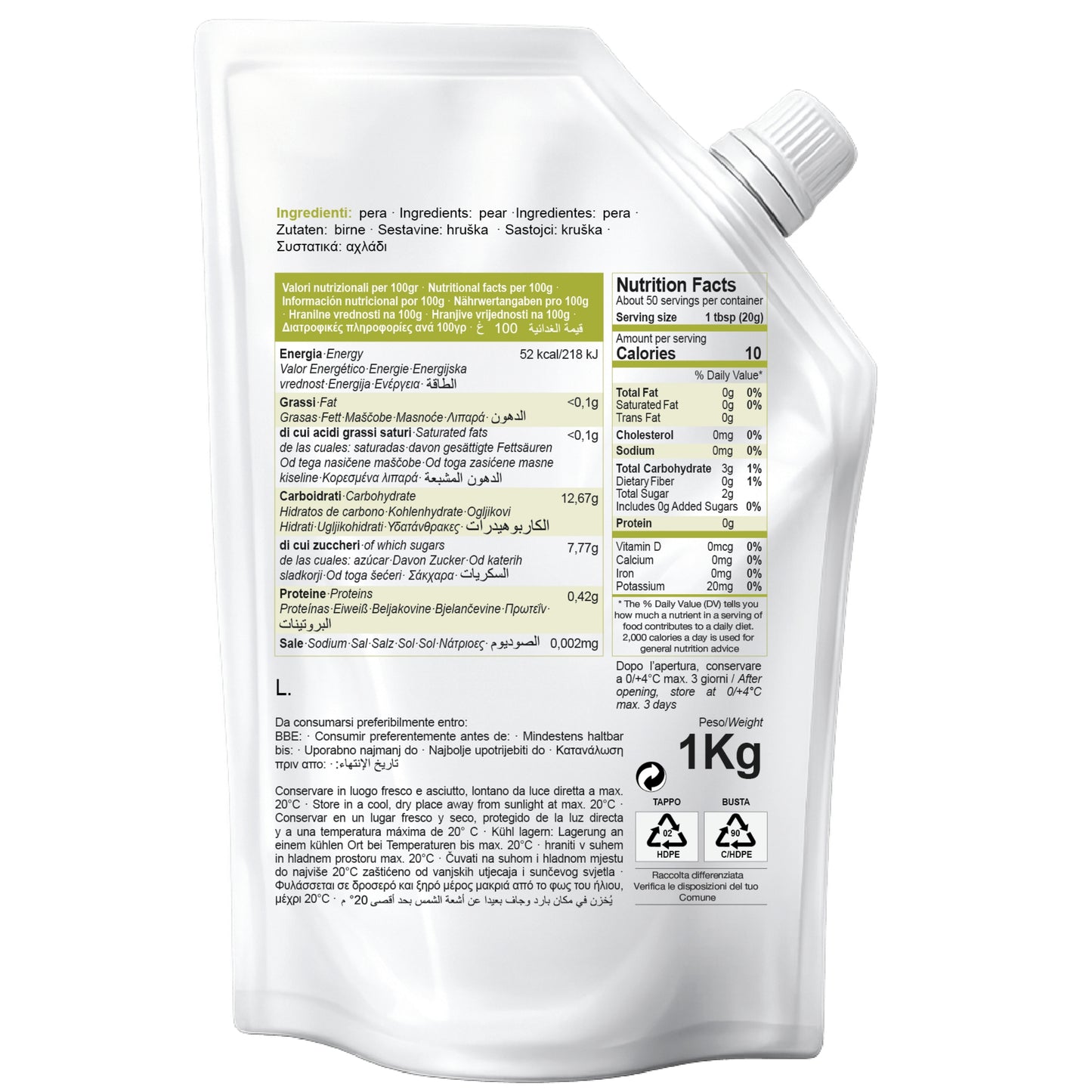 BACK VIEW OF MAZZONI PEAR FRUIT PUREE POUCH SHOWING NUTRITION FACTS, INGREDIENTS, AND PRODUCT INFORMATION