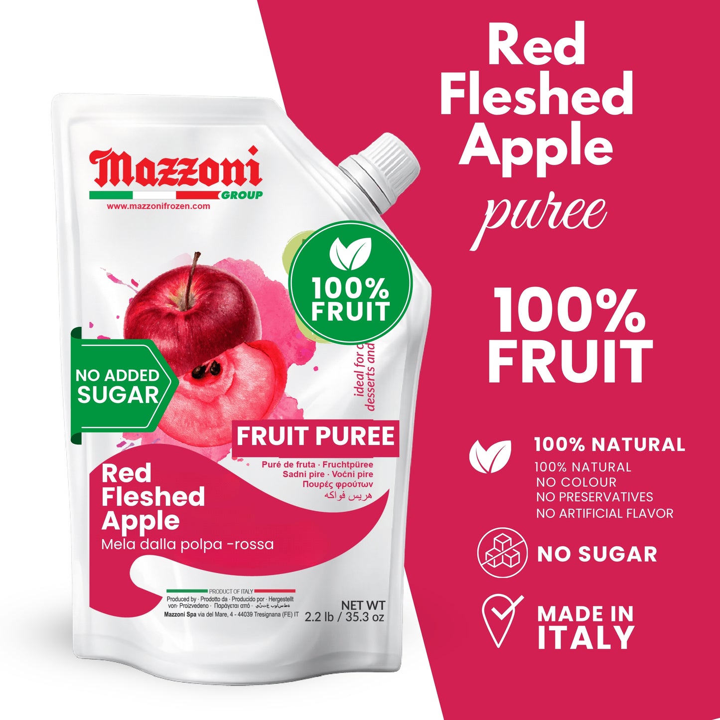 Mazzoni Red Apple Fruit Puree Red-Fleshed Blood apples, 100% Fruit, No Sugar Added Fruit 1 kg (2.2 lb)