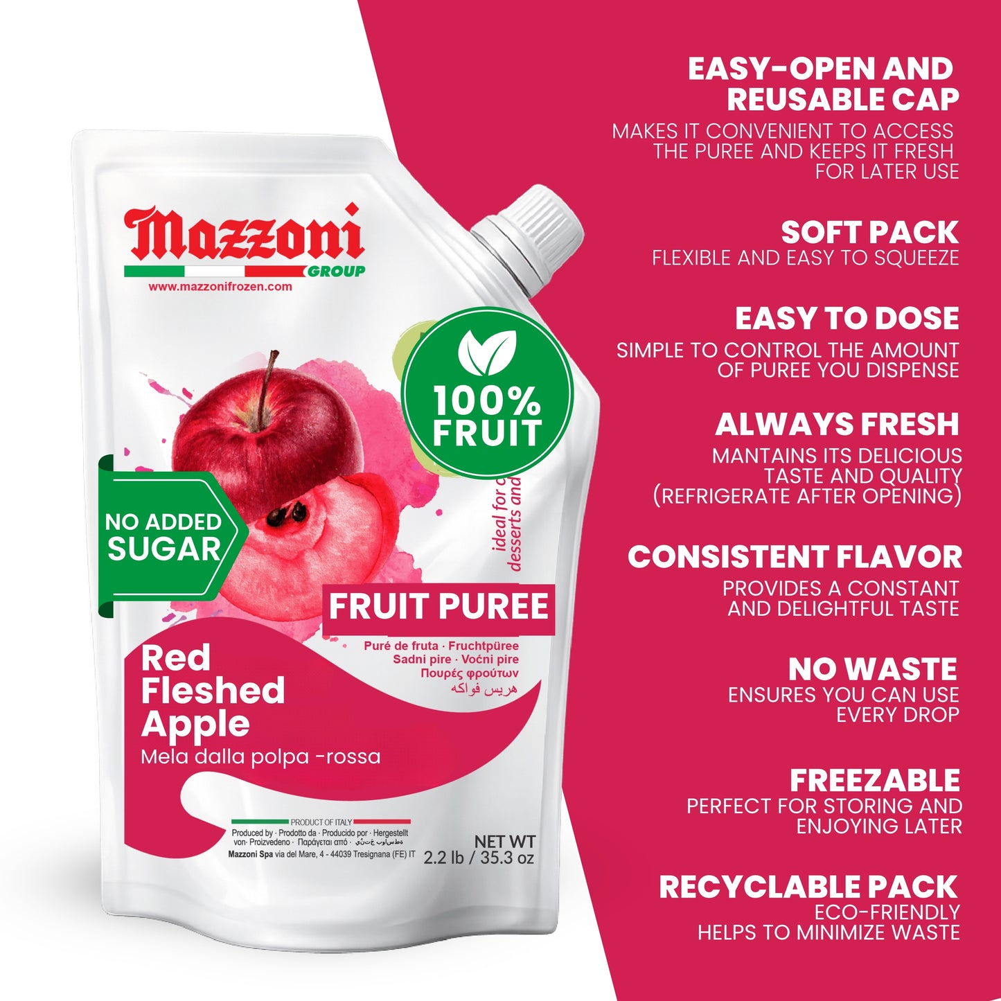 Mazzoni Red Apple Fruit Puree Red-Fleshed Blood apples, 100% Fruit, No Sugar Added Fruit 1 kg (2.2 lb)