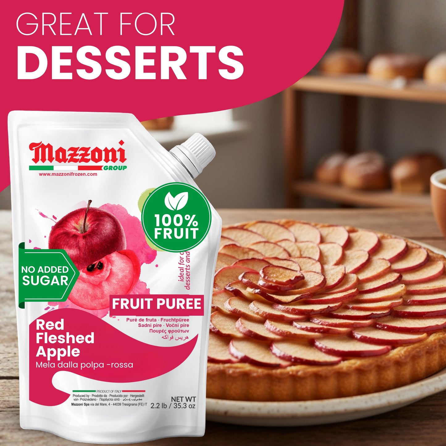 Mazzoni Red Apple Fruit Puree Red-Fleshed Blood apples, 100% Fruit, No Sugar Added Fruit 1 kg (2.2 lb)
