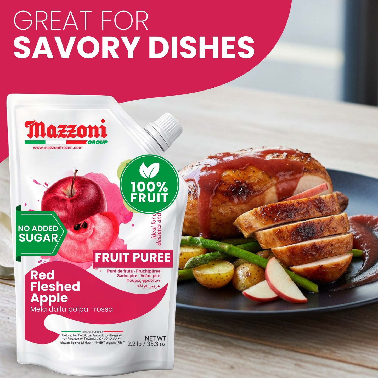 Mazzoni Red Apple Fruit Puree Red-Fleshed Blood apples, 100% Fruit, No Sugar Added Fruit 1 kg (2.2 lb)