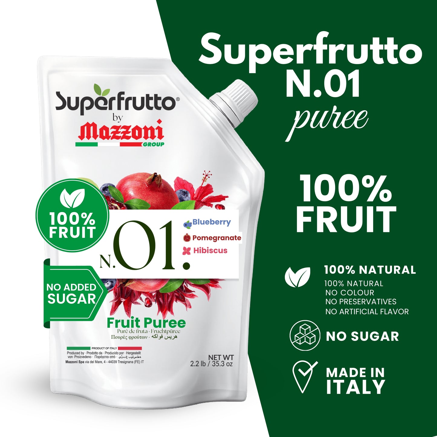 Superfrutto N.01 puree packaging with branding and product details on a white background