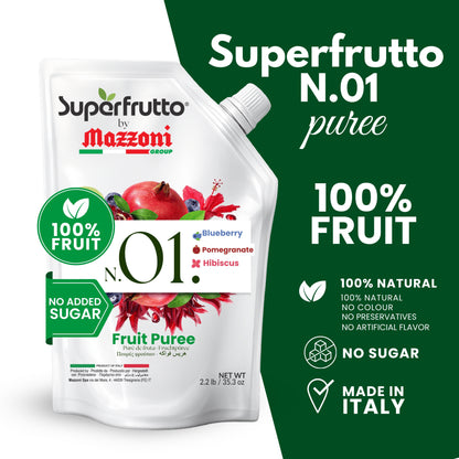 Superfrutto N.01 puree packaging with branding and product details on a white background