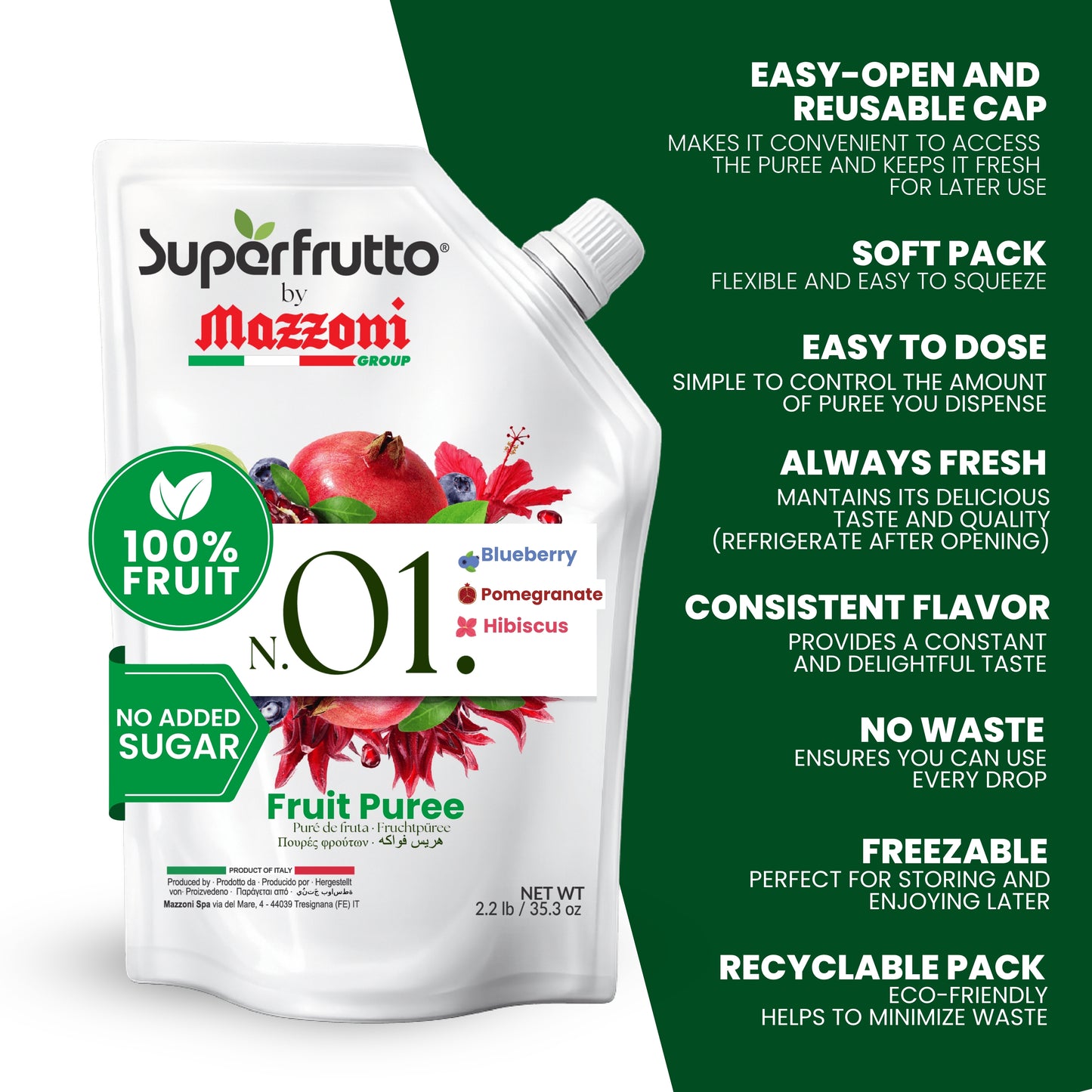 Mazzoni Superfrutto 1 | Shelf-Stable Multi-Fruit Blend, No Sugar Added 1 kg (2.2 lb)