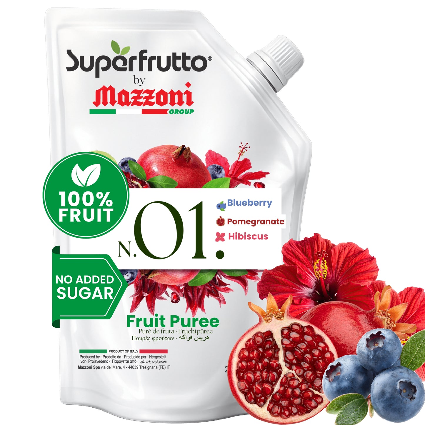 FRONT VIEW OF MAZZONI SUPERFRUTTO N01 FRUIT PUREE POUCH WITH BLUEBERRY, POMEGRANATE AND HIBISCUS, 100% FRUIT AND NO ADDED SUGAR