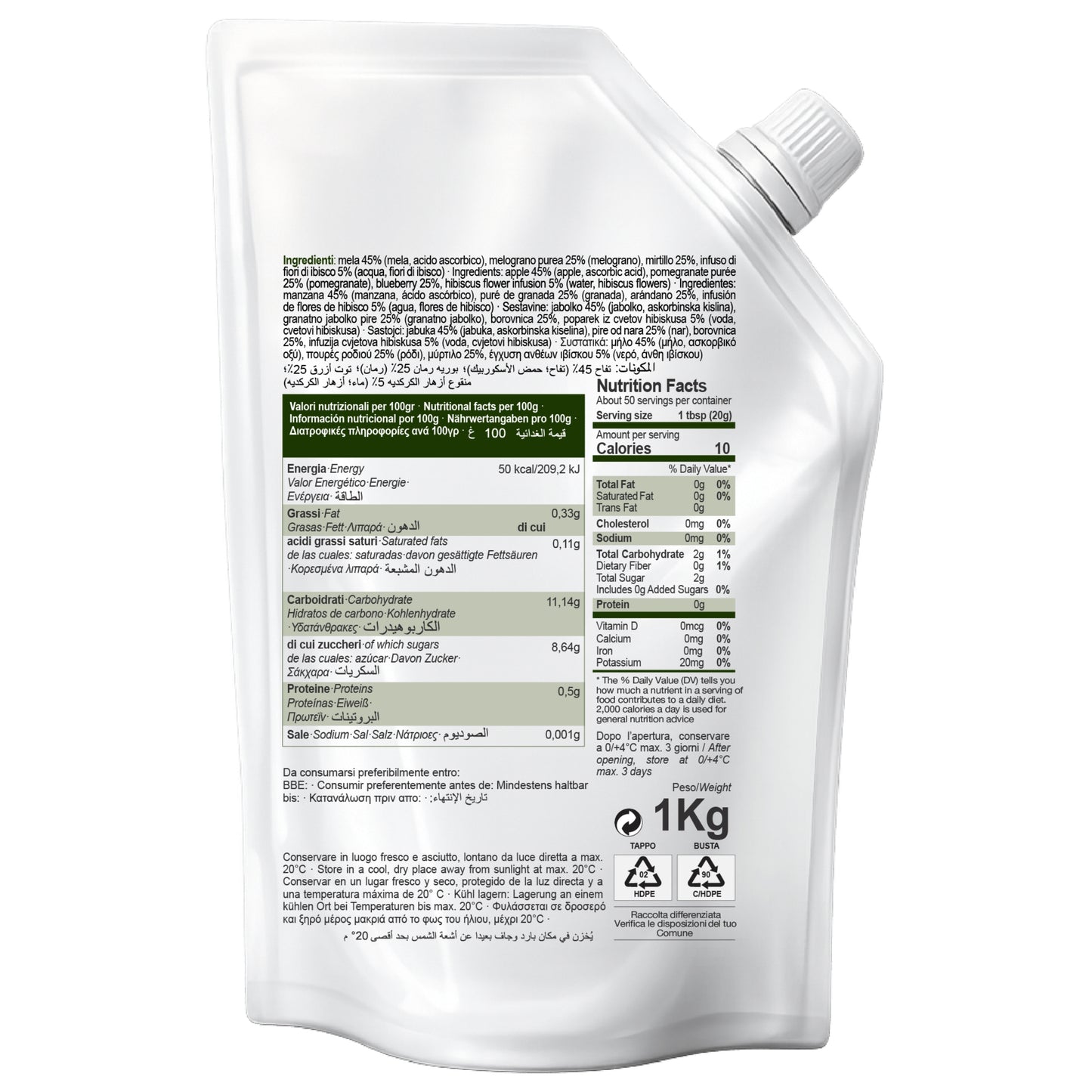 BACK VIEW OF MAZZONI SUPERFRUTTO N01 FRUIT PUREE POUCH SHOWING NUTRITION FACTS, INGREDIENTS, AND PRODUCT INFORMATION