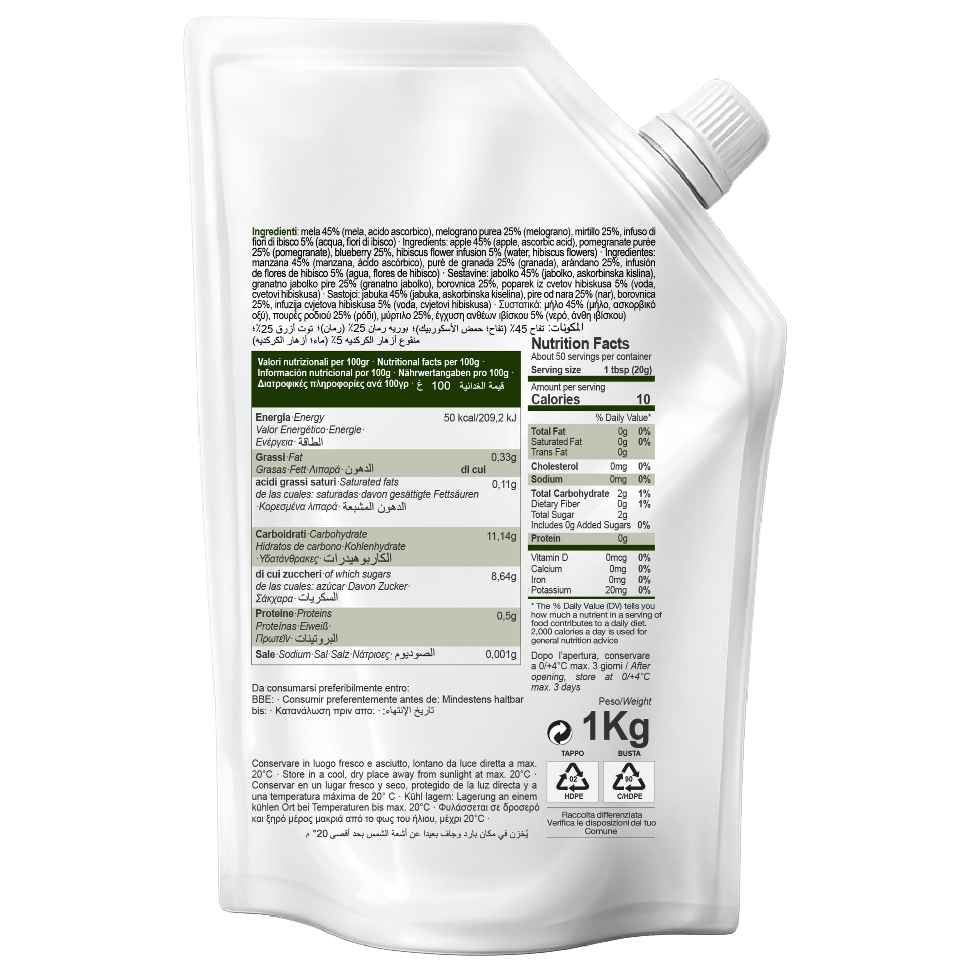 BACK VIEW OF MAZZONI SUPERFRUTTO N01 FRUIT PUREE POUCH SHOWING NUTRITION FACTS, INGREDIENTS, AND PRODUCT INFORMATION