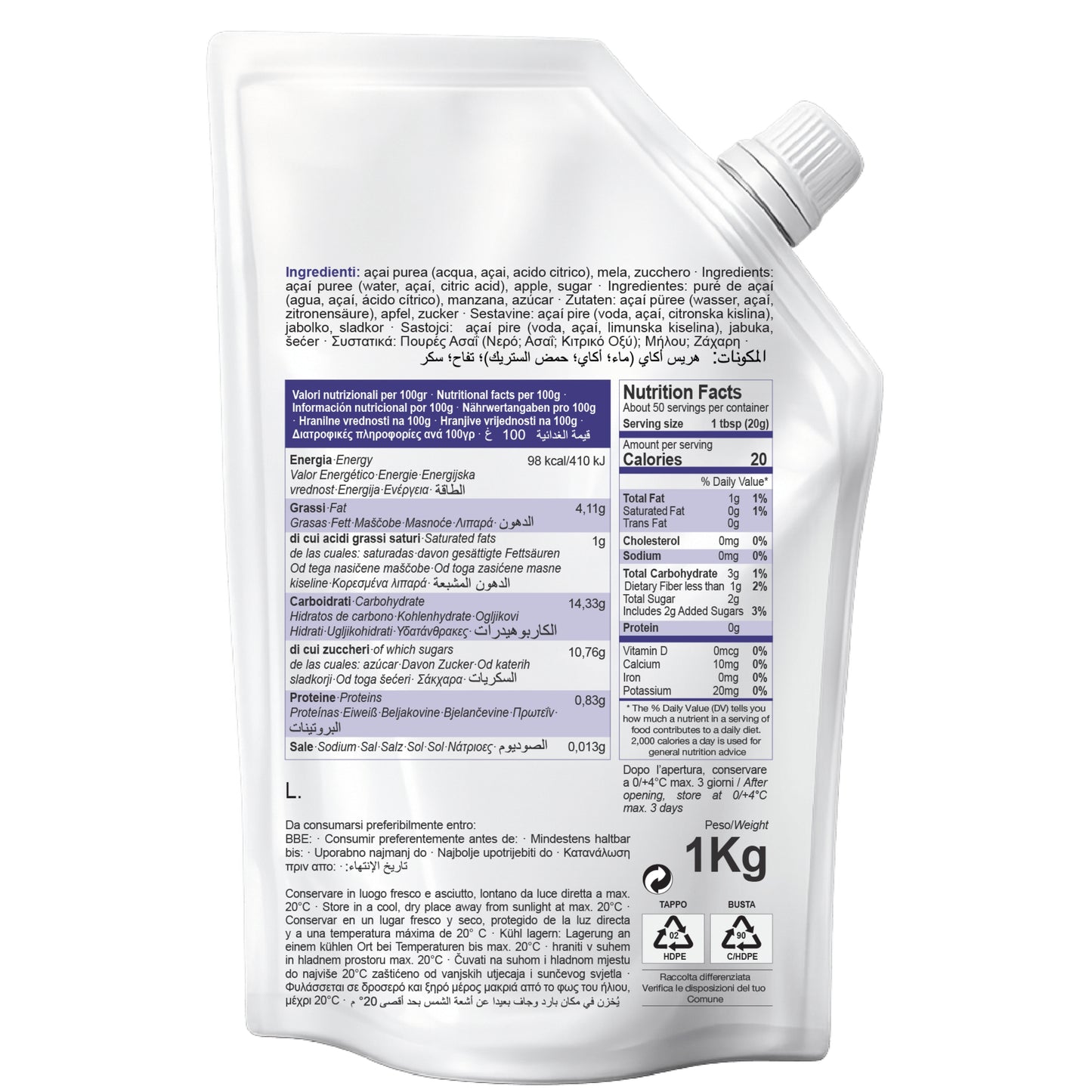 BACK VIEW OF MAZZONI ACAI MIX FRUIT PUREE POUCH SHOWING NUTRITION FACTS, INGREDIENTS, AND PRODUCT INFORMATION