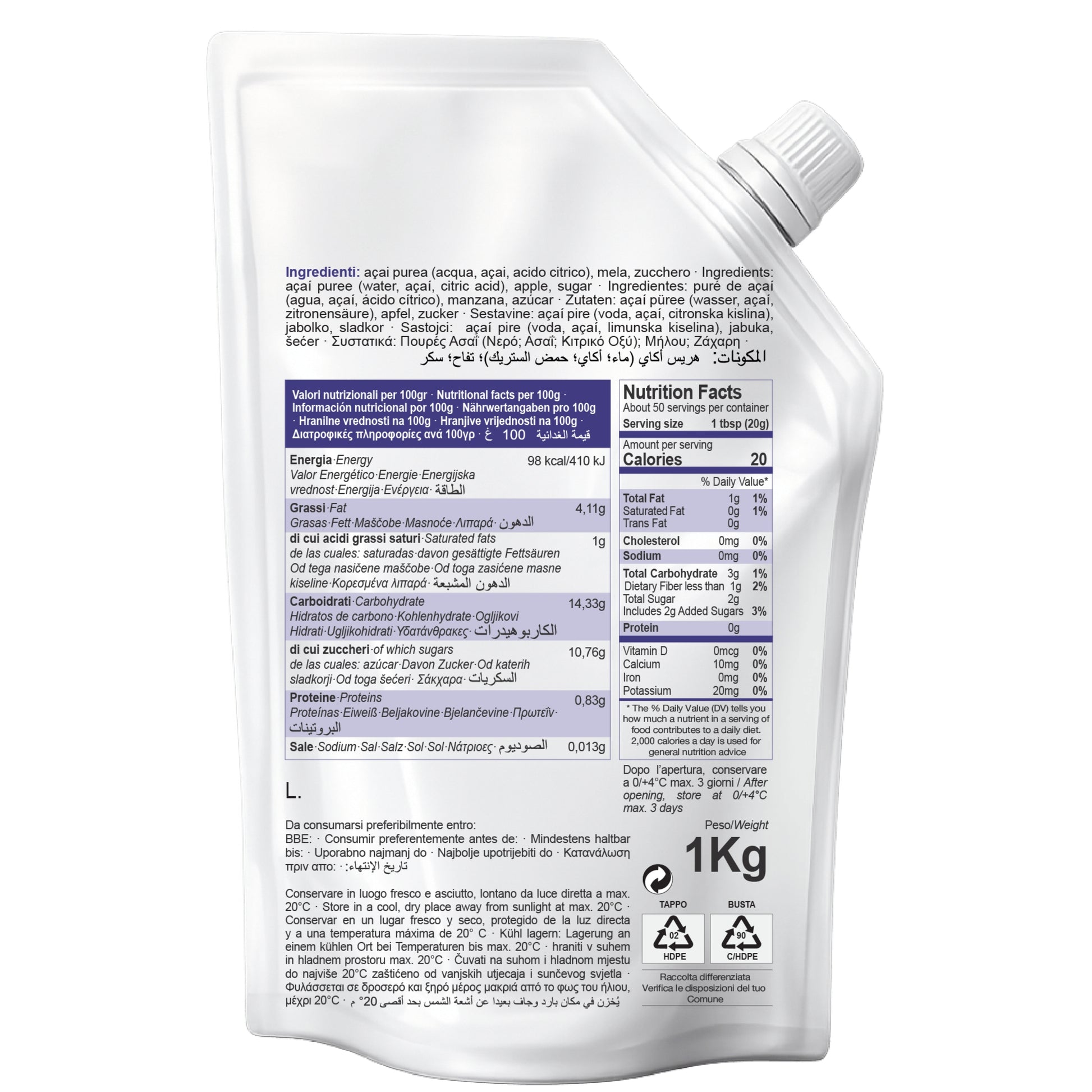 BACK VIEW OF MAZZONI ACAI MIX FRUIT PUREE POUCH SHOWING NUTRITION FACTS, INGREDIENTS, AND PRODUCT INFORMATION