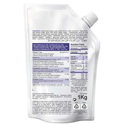 BACK VIEW OF MAZZONI ACAI MIX FRUIT PUREE POUCH SHOWING NUTRITION FACTS, INGREDIENTS, AND PRODUCT INFORMATION