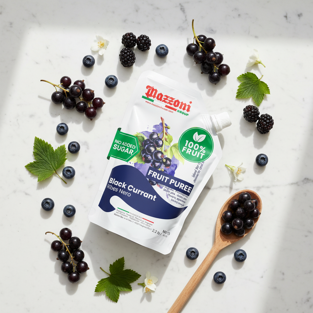 Flat lay of Mazzoni Black Currant fruit puree pouch with fresh black currants and berries