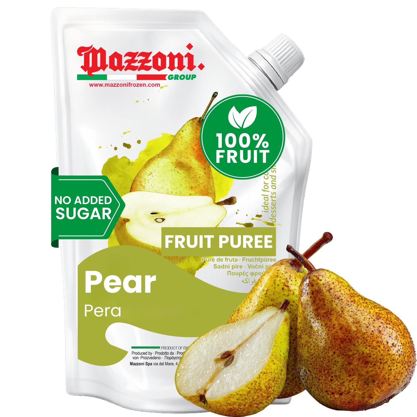 FRONT VIEW OF MAZZONI PEAR FRUIT PUREE POUCH WITH 100% FRUIT AND NO ADDED SUGAR, FEATURING FRESH PEARS