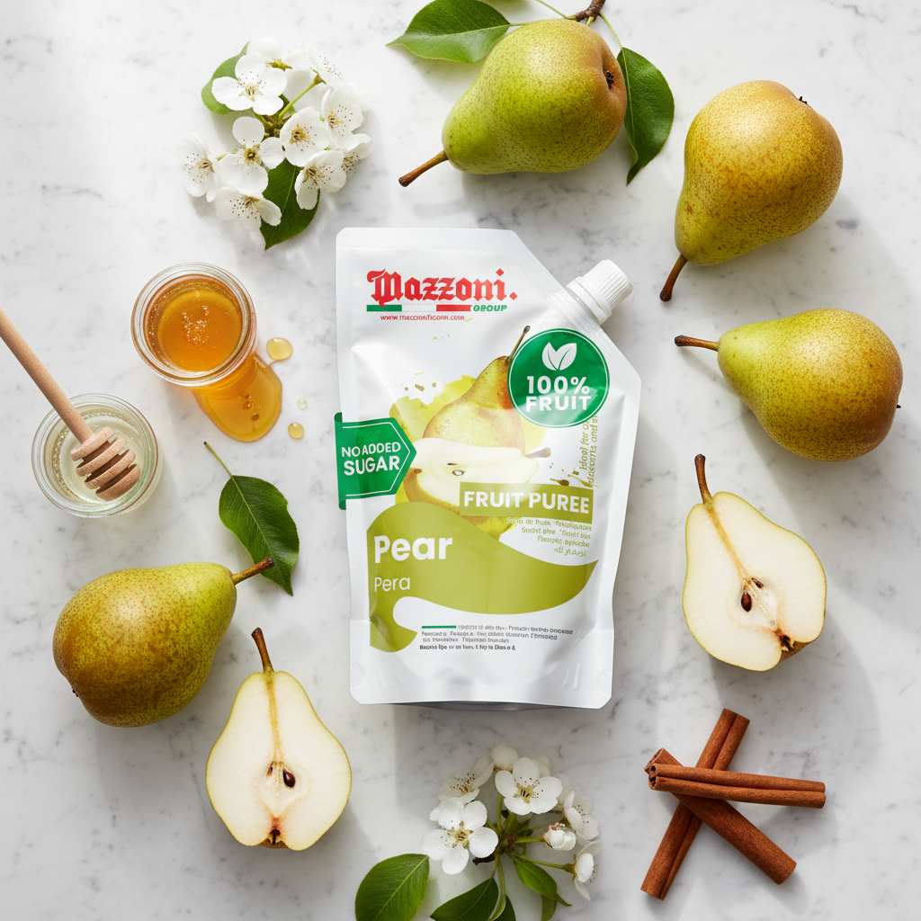 Flat lay of Mazzoni Pear fruit puree pouch with fresh pears and elegant ingredients