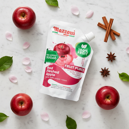 MAZZONI RED FLESHED APPLE FRUIT PUREE POUCH SURROUNDED BY FRESH APPLES, CINNAMON STICKS, STAR ANISE, AND LEAVES ON A LIGHT BACKGROUND