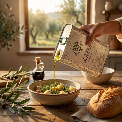 Person pouring olive oil from a can into a salad on a wooden table with a scenic background.