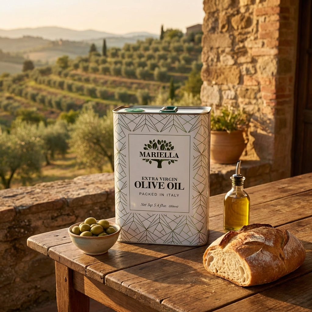 Mariella olive oil can with a bottle, bowl of olives, and bread on a wooden table with an Italian countryside view.