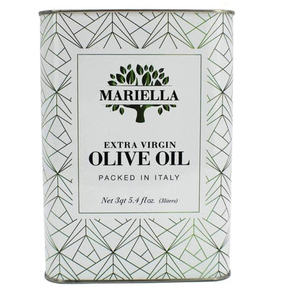Can of Mariella extra virgin olive oil with geometric design