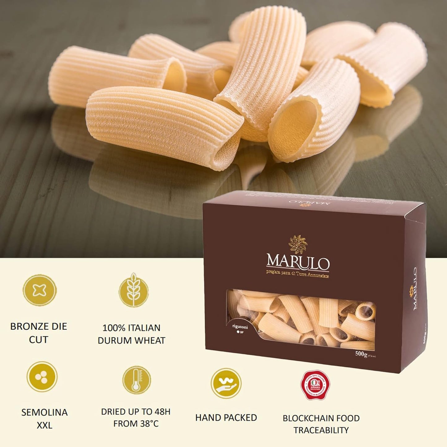 Marulo, Rigatoni Pasta, Artisan Bronze Die-Cut Pasta, 12 Pack x 1.1 lb
