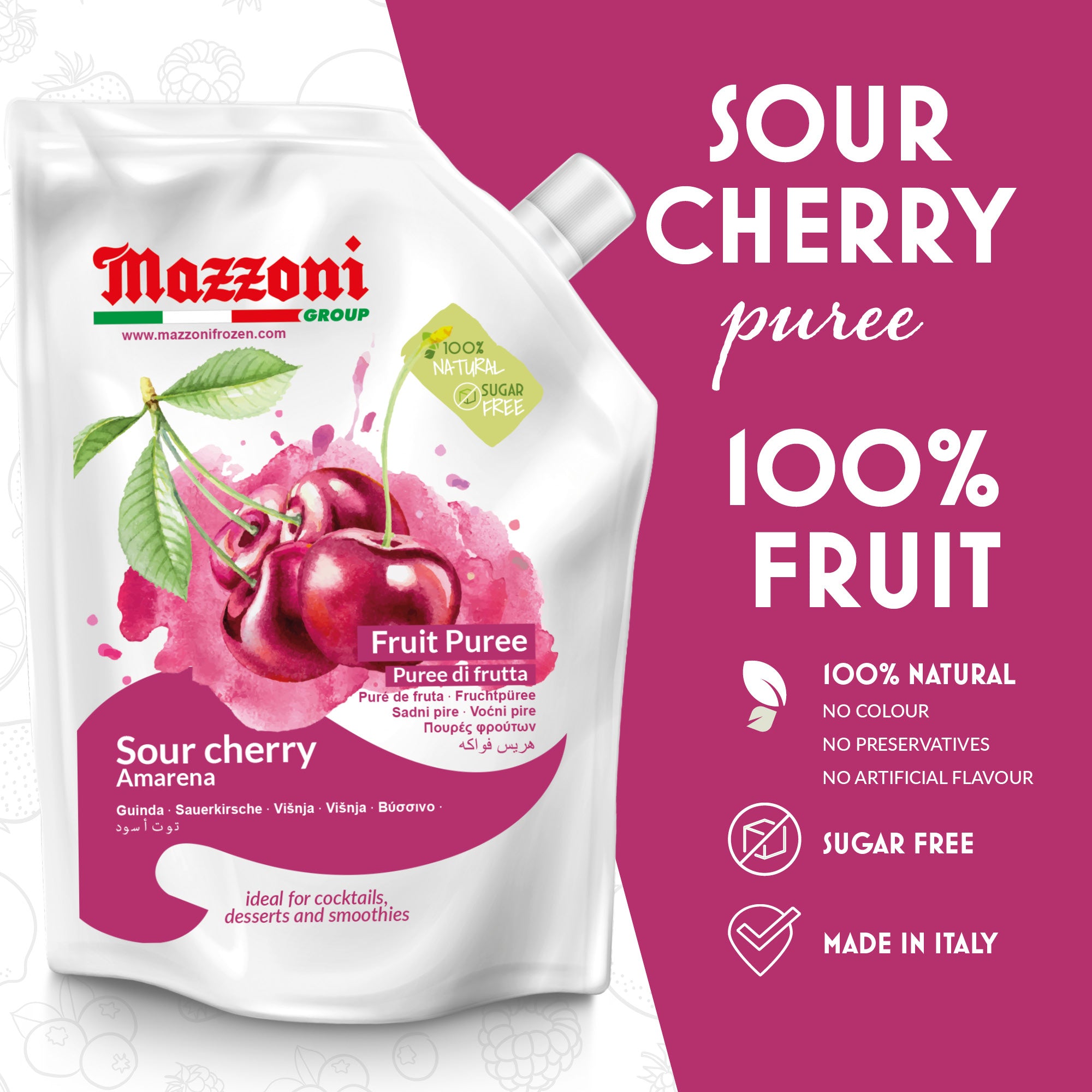  Mazzoni, Sour Cherry Puree, 100% Pure Sour Amarena Cherry, Just Fruit, No Sugar Added, Real Fruit for, Smoothies, Drinks, Cocktails, Fruit Juice - 2.2 lb. Convenient Pouch ,Made in Italy
