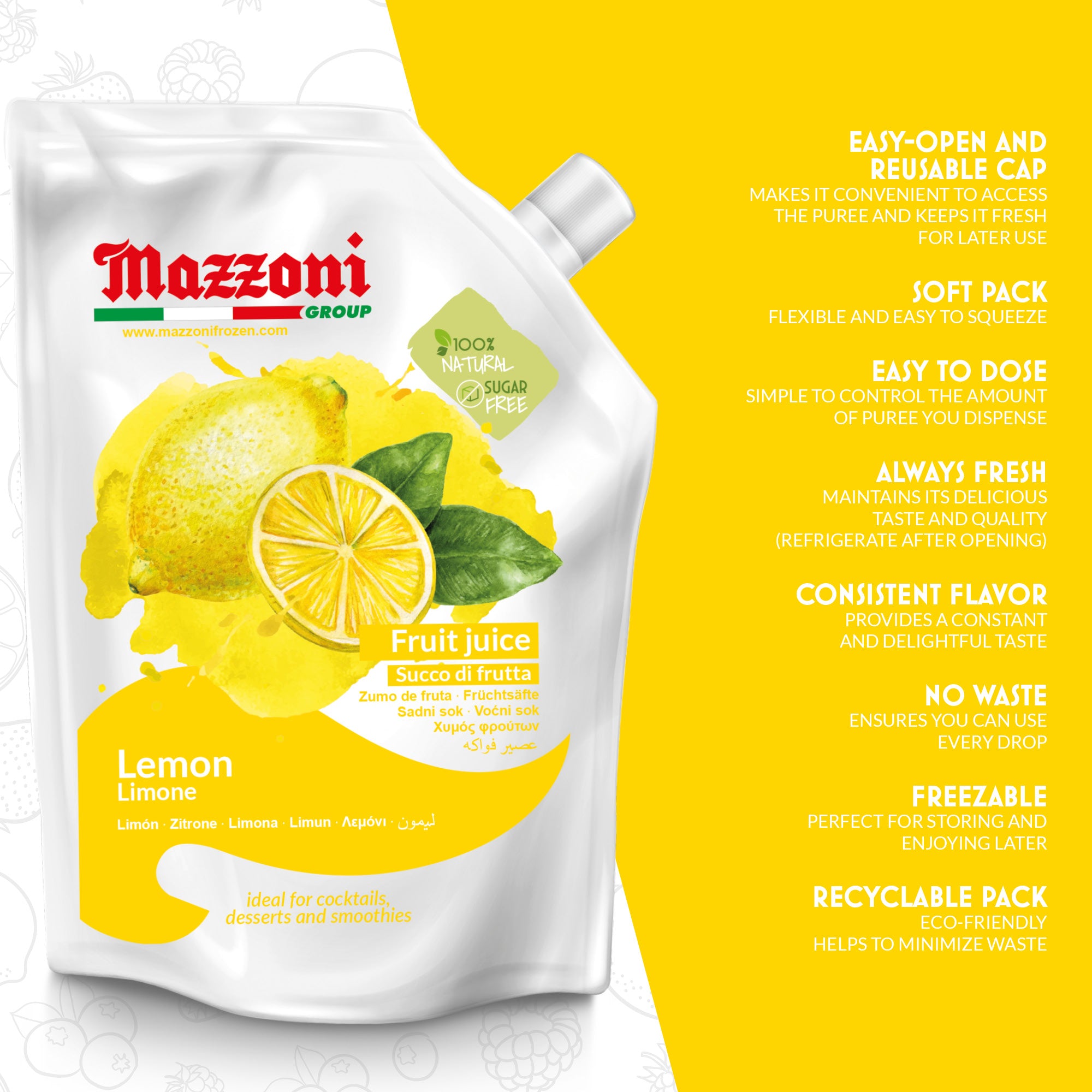 Mazzoni, fruit puree for cocktails, real fruit puree,  fruit puree for drinks, lemon juice, 100% lemon juices, Lemonade mix, limones
