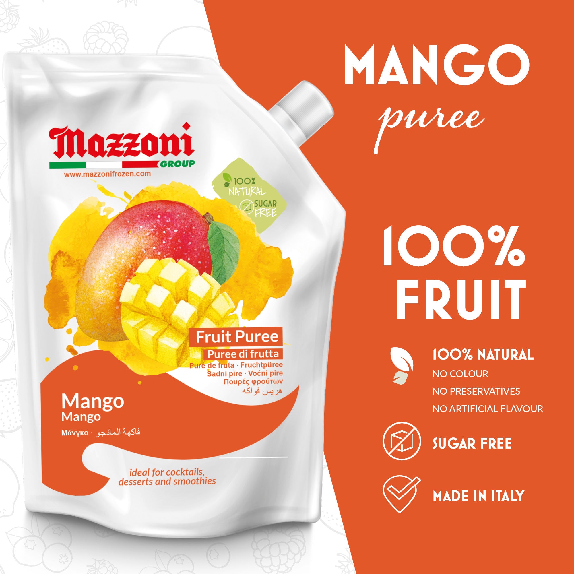 Mazzoni, Mango real fruit puree, Mango fruit puree for cocktails, Mango fruit pulp, Mango puree for drinks 
